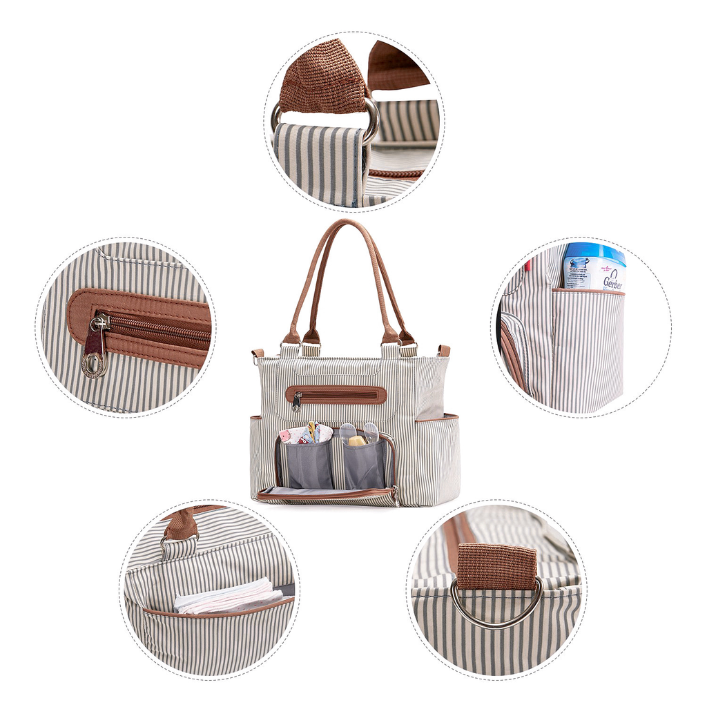 Pibi Multipurpose Diaper Tote Bag with Hooks Set of 7 Black/Ivory