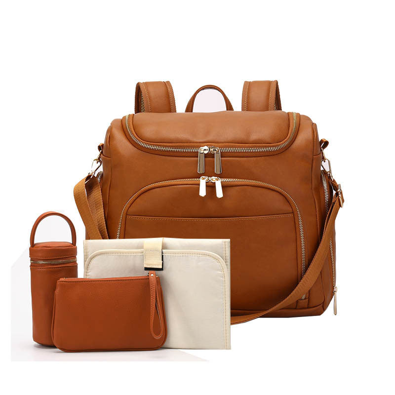 Pibi Mutipurpose PU Leather Diaper Backpack Set of 4 with Waterproof Changing Pad & Insulated Bottle Holder Brown