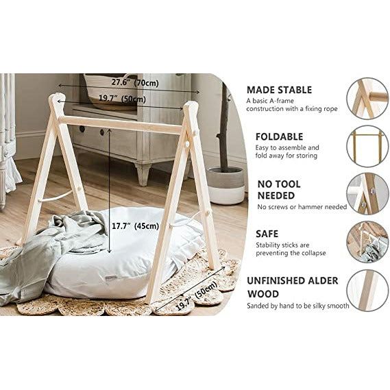 Pibi Wooden Foldable Play Gym Wooden Baby Gym with 4 Toys Natural/White Age- 3 Months & Above