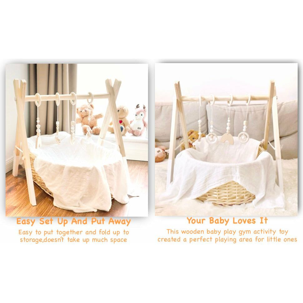 Pibi Wooden Foldable Play Gym Wooden Baby Gym with 4 Toys Natural/White Age- 3 Months & Above