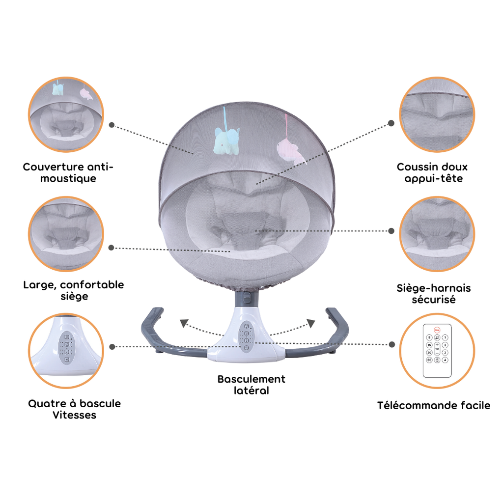 Peekaboo Musical Electric Baby Swing/Rocker with Mosquito Net Grey Age- Newborn & Above