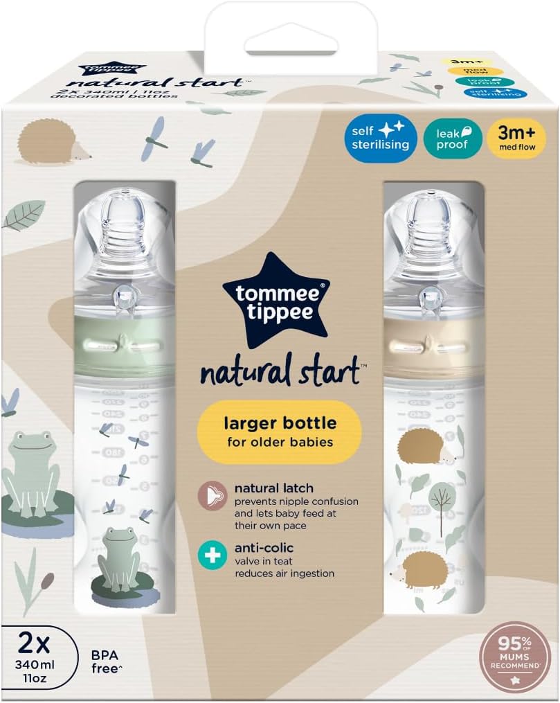 Tommee Tippee Closer To Nature Easi Vent Decorative Milk Feeding Bottle 340 ml, Moon White/Pink Pack Of 2 Age- Newborn & Above