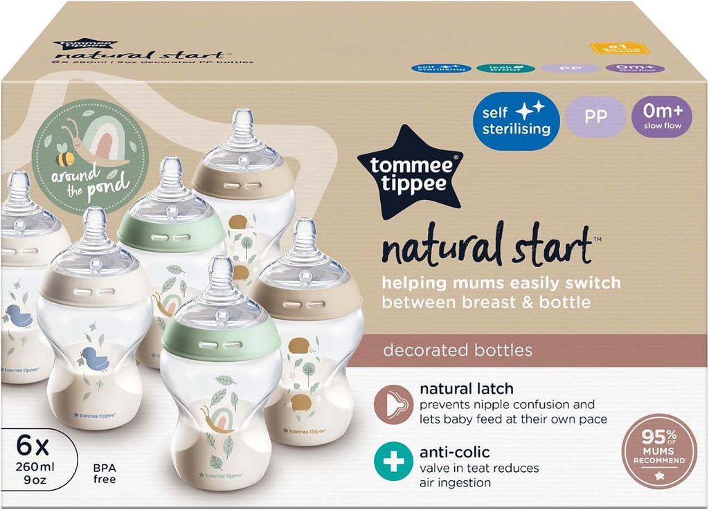 Tommee Tippee Natural Start Anti-Colic Baby Bottle Pack of 6 - 260Ml Pond Decorated Age- Newborn & Above