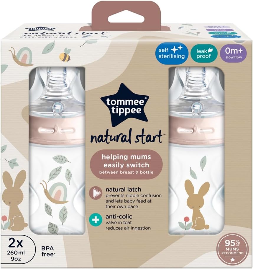 Tommee Tippee Natural Start Anti-Colic Baby Feeding Bottle with Slow Flow Breast-Like Teat &  Pond Design Pack of 2 Pink Age- Newborn & Above
