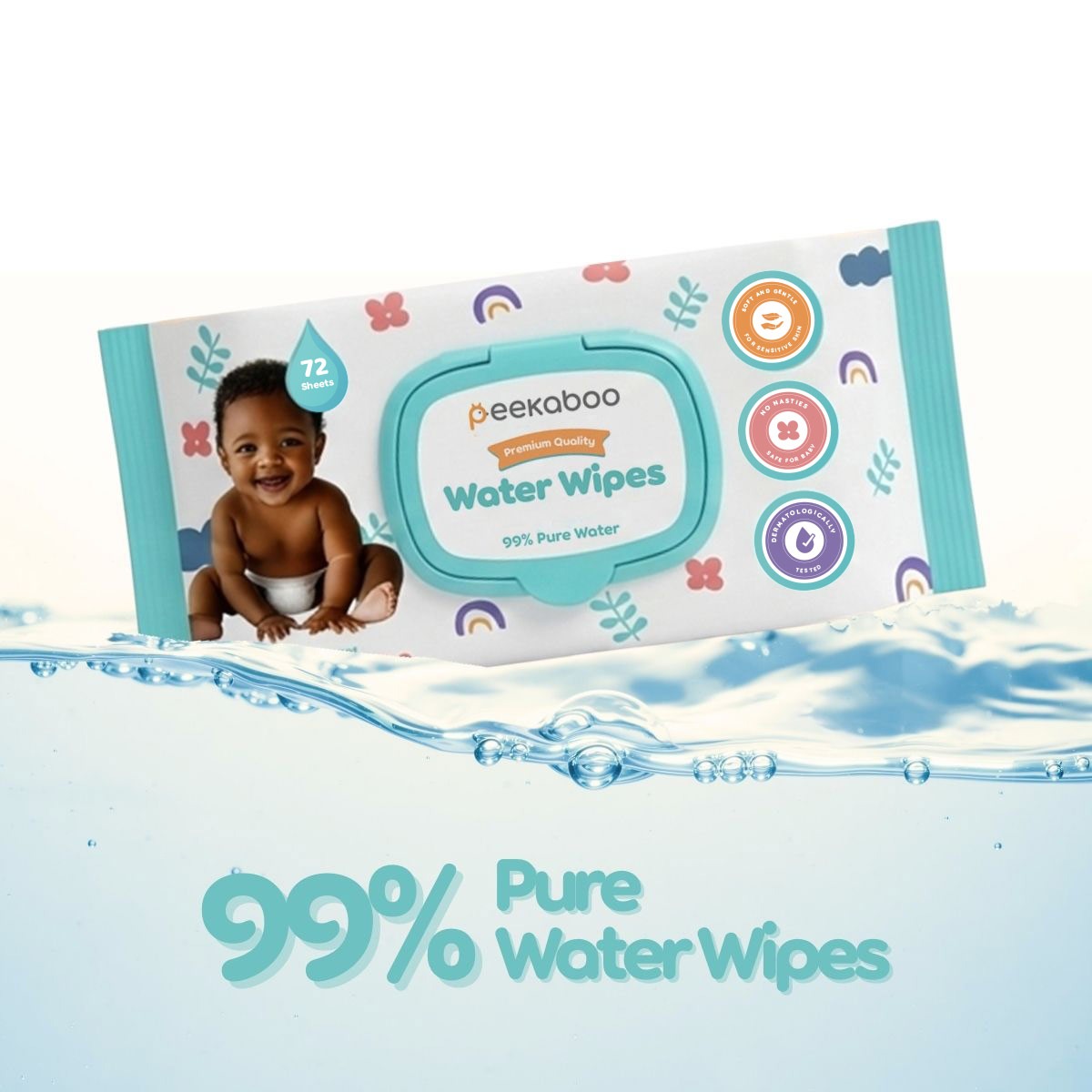 Peekaboo Premium Water Wipes -99% Water Pack of 72 Age- Newborn & Above